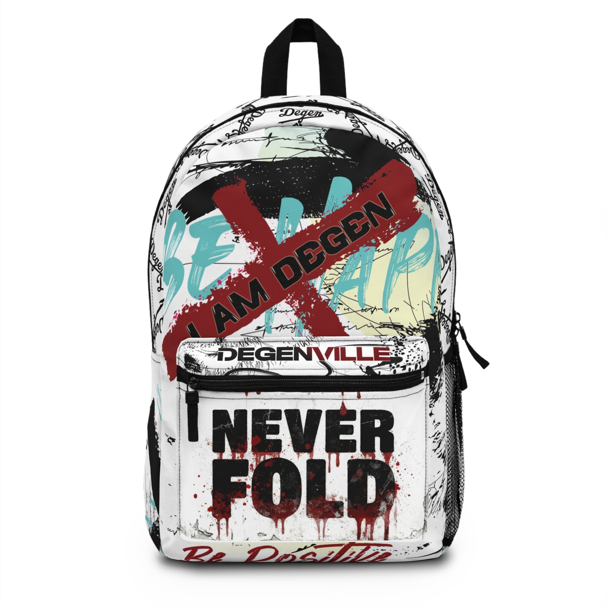 Never Fold Backpack — Streetwear 'I Am Degen' Graffiti Print