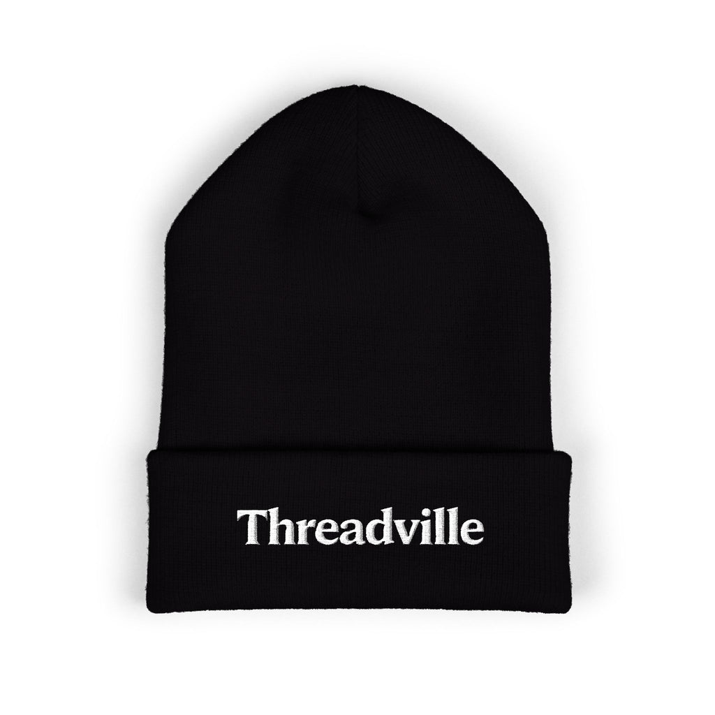 Threadville Embroidered Unisex Cuffed Black Beanie — Classic Warm Knit Hat