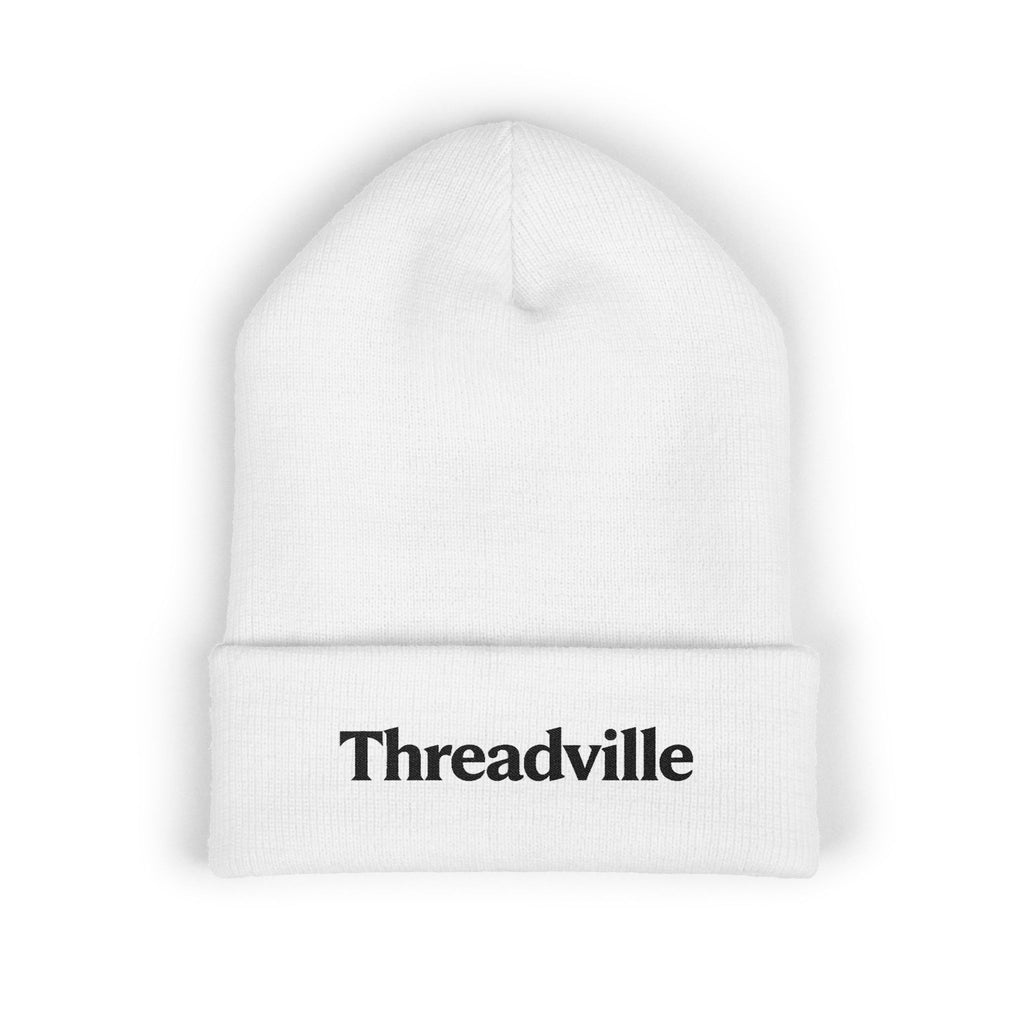 Threadville Embroidered Unisex Cuffed White Beanie — Classic Warm Knit Hat