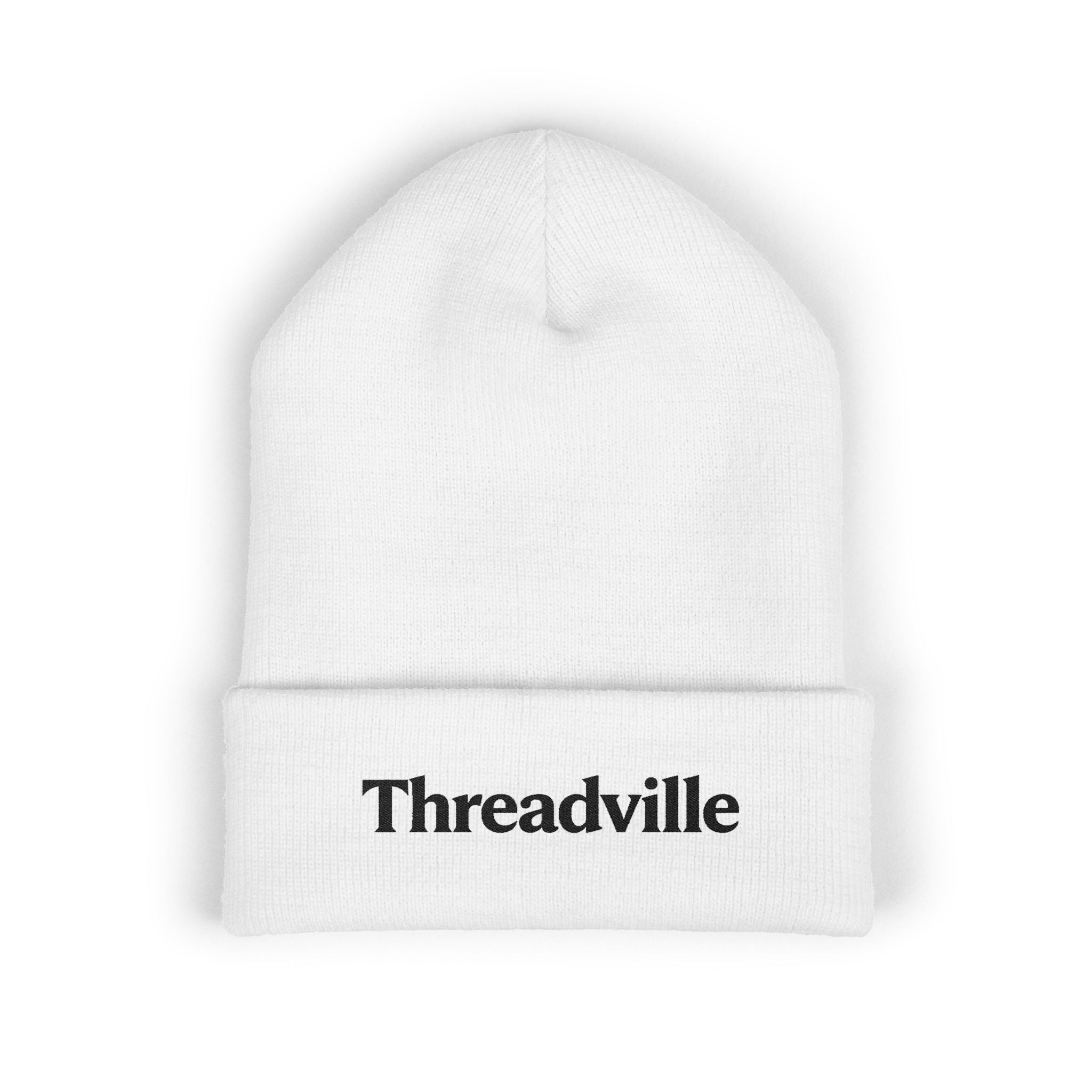 Threadville Embroidered Unisex Cuffed White Beanie — Classic Warm Knit Hat